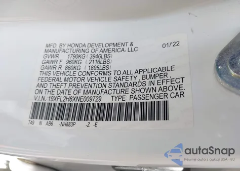 2022 Honda Civic Sport из США, поврежденный, VIN 19XFL2H8XNE009729